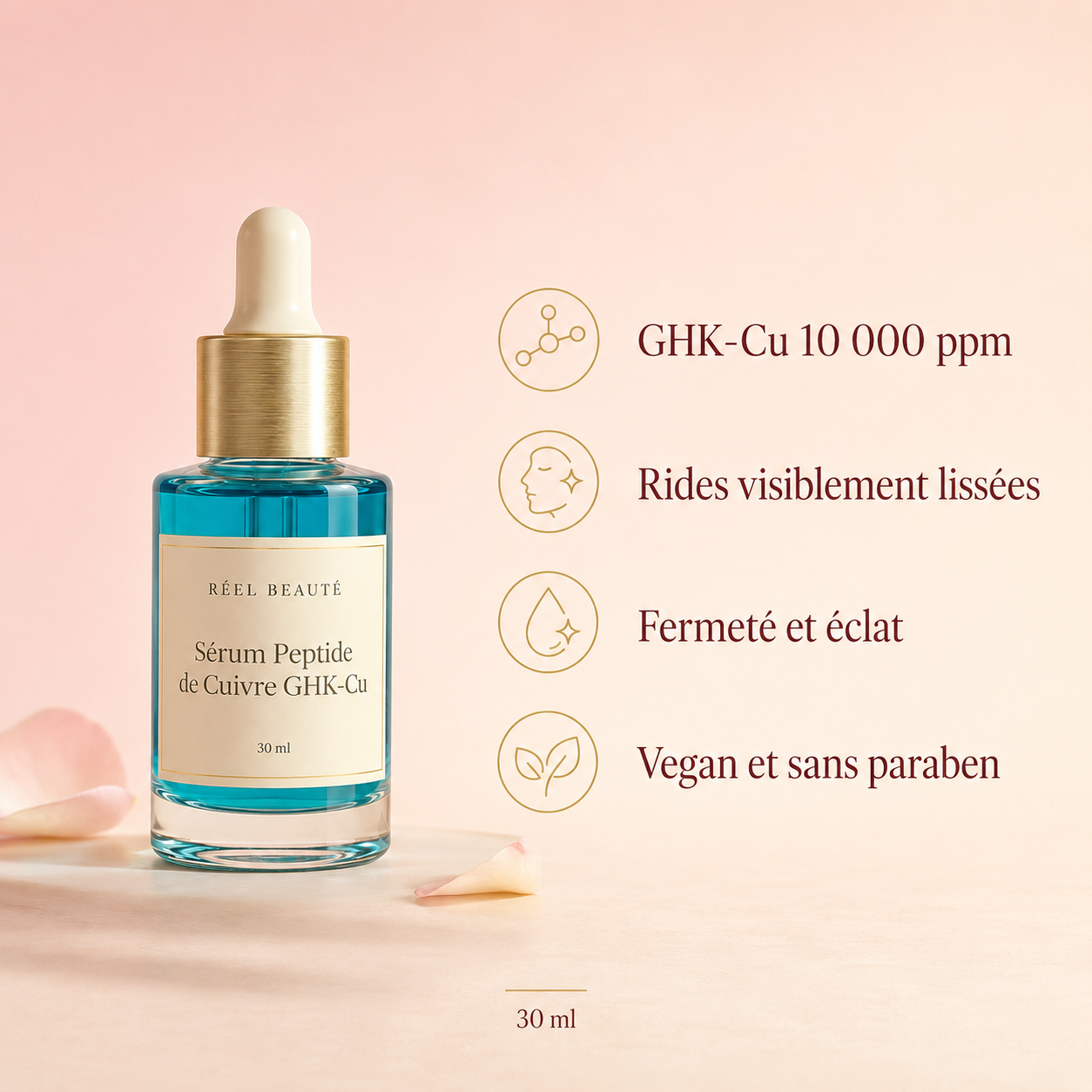 Sérum Anti-Âge Peptide de Cuivre GHK-Cu 10 000 ppm + SNAP-8 — Rides, Fermeté & Éclat, 30 ml